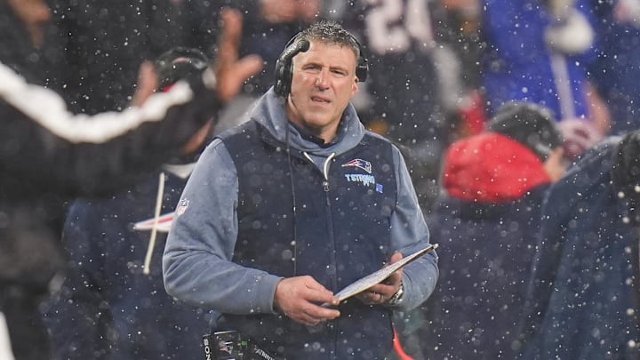 Jan 18, 2026; Foxborough, MA, USA; New England Patriots head coach Mike Vrabel reacts to call by the referees in the third quarter against the Houston Texans in an AFC Divisional Round game at Gillette Stadium. Mandatory Credit: David Butler II-Imagn Images