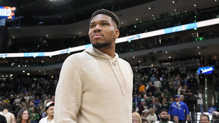Apr 10, 2026; Milwaukee, Wisconsin, USA;  Milwaukee Bucks forward Giannis Antetokounmpo (34) looks around following the game against the Brooklyn Nets at Fiserv Forum. Mandatory Credit: Jeff Hanisch-Imagn Images
