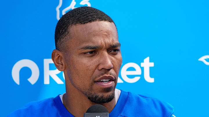 Detroit Lions wide receiver Amon-Ra St. Brown (14) speaks to media members after practice