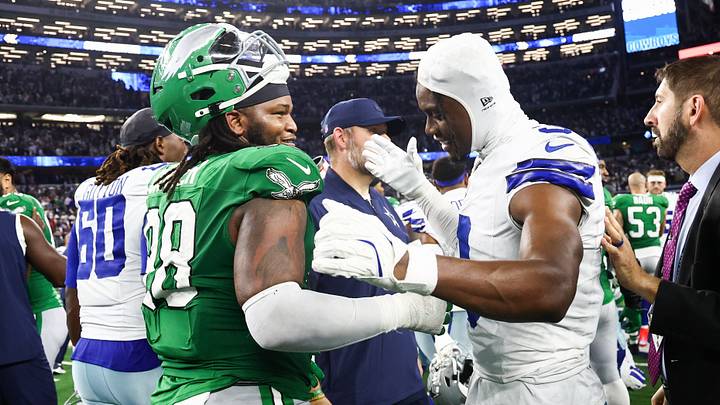 Dallas Cowboys receiver George Pickens and Philadelphia Eagles defensive tackle Jalen Carter shake hands after a game at AT&T Stadium. Dallas Cowboys receiver George Pickens and Philadelphia Eagles defensive tackle Jalen Carter shake hands after a game at AT&T Stadium.