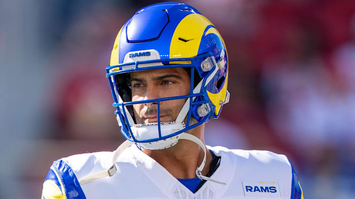 November 9, 2025; Santa Clara, California, USA; Los Angeles Rams quarterback Jimmy Garoppolo (11) warms up before the game against the San Francisco 49ers at Levi's Stadium. Mandatory Credit: Kyle Terada-Imagn Images