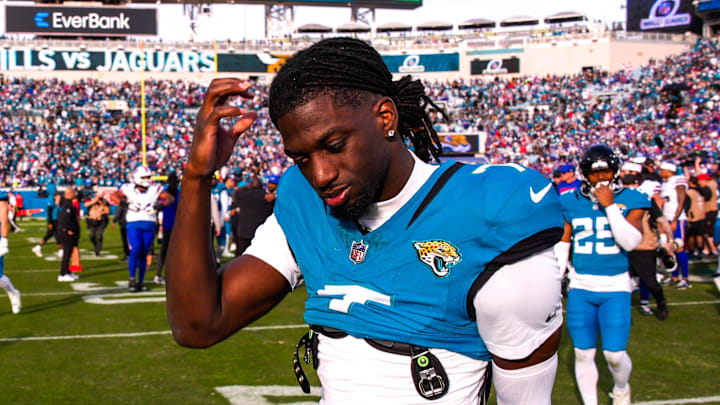 Jacksonville Jaguars wide receiver Brian Thomas Jr. (7) walks off the field after losing to the Bills during an NFL football AFC Wild Card playoff matchup, Sunday, Jan. 11, 2026, in Jacksonville, Fla. Bills lead 10-7 at the half over the Jaguars. The Bills defeated the Jaguars 27-24. [Doug Engle/Florida Times-Union]