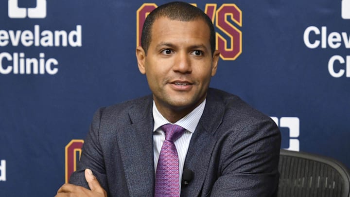 Jul 26, 2017; Cleveland, OH, USA; Cleveland Cavaliers general manager Koby Altman speaks to reporters during a press conference at Cleveland Clinic Courts. Mandatory Credit: David Richard-Imagn Images