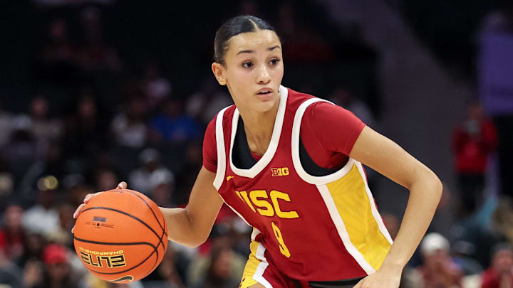 Nov 9, 2025; Charlotte, North Carolina, USA; Southern California Trojans guard Jazzy Davidson (9) dribbles the ball against the NC State Wolfpack during the fourth quarter of the Ally Tipoff game at Spectrum Center. Mandatory Credit: Cory Knowlton-Imagn Images Nov 9, 2025; Charlotte, North Carolina, USA; Southern California Trojans guard Jazzy Davidson (9) dribbles the ball against the NC State Wolfpack during the fourth quarter of the Ally Tipoff game at Spectrum Center. Mandatory Credit: Cory Knowlton-Imagn Images