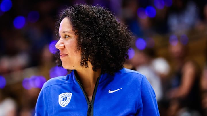 Oct 3, 2025; Durham, NC, USA; Duke Blue Devils head coach Kara Lawson addresses the crowd at the Countdown to Craziness at the Cameron Indoor Stadium. Mandatory Credit: Jaylynn Nash-Imagn Images