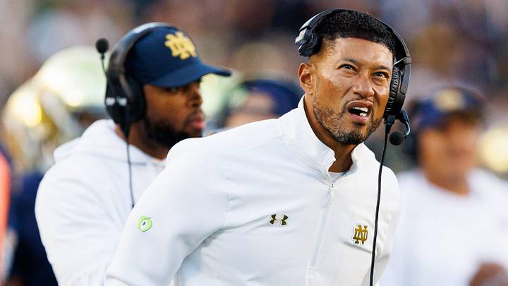 Notre Dame head coach Marcus Freeman looks on in the second half of a NCAA football game against NC State at Notre Dame Stadium on Saturday, Oct. 11, 2025, in South Bend.