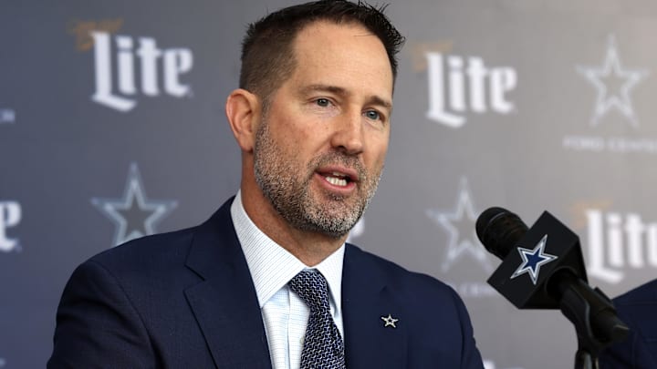 Jan 27, 2025; Frisco, TX, USA;   Dallas Cowboys Head Coach Brian Schottenheimer speaks to the media at a press conference at the Star.  Mandatory Credit: Tim Heitman-Imagn Images