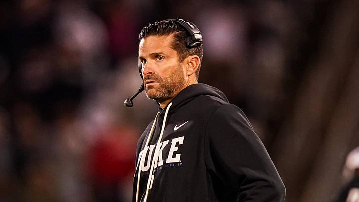 Nov 8, 2025; East Hartford, Connecticut, USA; Duke Blue Devils head coach Manny Diaz watches from the sideline as they take on the UConn Huskies at Pratt & Whitney Stadium at Rentschler Field. Mandatory Credit: David Butler II-Imagn Images Nov 8, 2025; East Hartford, Connecticut, USA; Duke Blue Devils head coach Manny Diaz watches from the sideline as they take on the UConn Huskies at Pratt & Whitney Stadium at Rentschler Field. Mandatory Credit: David Butler II-Imagn Images