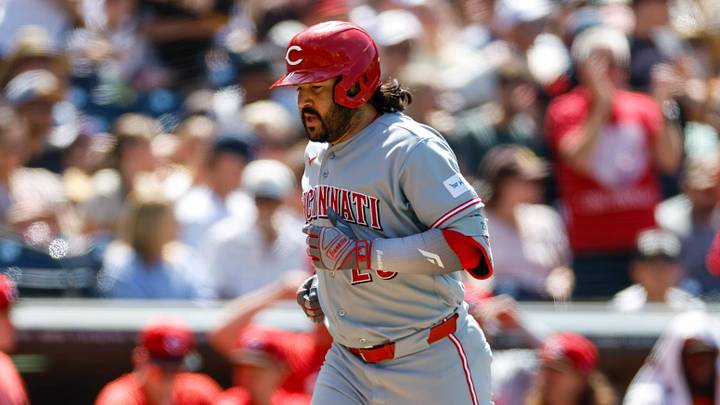 Jun 10, 2026; San Diego, California, USA; Cincinnati Reds designated hitter Eugenio Suarez (28) hits a one-run home run during the eighth inning against the San Diego Padres at Petco Park. Mandatory Credit: David Frerker-Imagn Images Jun 10, 2026; San Diego, California, USA; Cincinnati Reds designated hitter Eugenio Suarez (28) hits a one-run home run during the eighth inning against the San Diego Padres at Petco Park. Mandatory Credit: David Frerker-Imagn Images