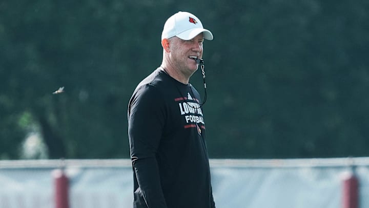 Louisville Cardinals football coach Jeff Brohm during practice August 1, 2025, in Louisville, Kentucky. Louisville Cardinals football coach Jeff Brohm during practice August 1, 2025, in Louisville, Kentucky.