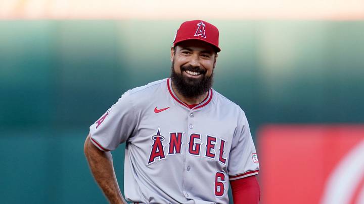 Oakland, California, USA; Los Angeles Angels third baseman Anthony Rendon (6) smiles during a break in the action against the Oakland Athletics in the third inning at Oakland-Alameda County Coliseum. Mandatory Credit: Cary Edmondson-USA TODAY Sports