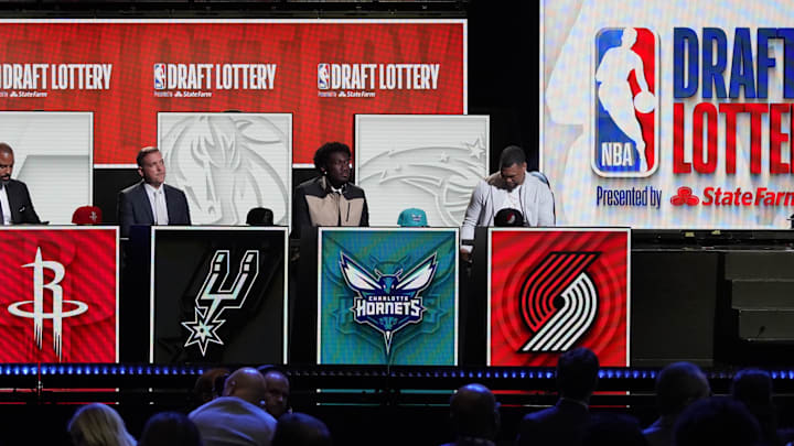 May 16, 2023; Chicago, IL, USA; A overall shot of the final four teams in the 2023 NBA Draft Lottery at McCormick Place West. Mandatory Credit: David Banks-Imagn Images