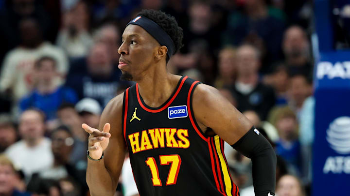 Mar 18, 2026; Dallas, Texas, USA; Atlanta Hawks forward Onyeka Okongwu (17) reacts after scoring against the Dallas Mavericks during the first quarter at American Airlines Center. Mandatory Credit: Kevin Jairaj-Imagn Images