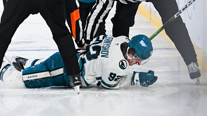 Mar 14, 2026; Montreal, Quebec, CAN; San Jose Sharks left wing Igor Chernyshov (92) gets medical help after a bad hit from Montreal Canadiens (not pictured) during the first period at Bell Centre. Mandatory Credit: David Kirouac-Imagn Images