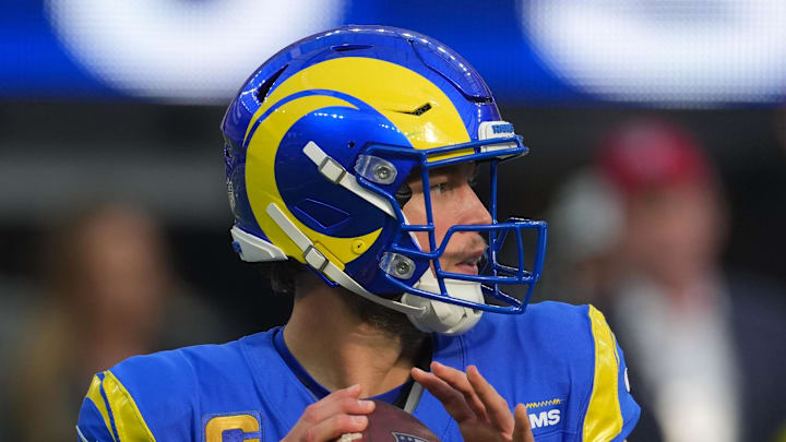 Dec 14, 2025; Inglewood, California, USA; Los Angeles Rams quarterback Matthew Stafford (9) throws a pass during the first quarter against the Detroit Lions at SoFi Stadium. Mandatory Credit: Kirby Lee-Imagn Images