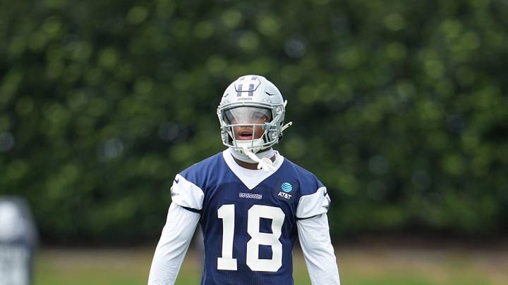 May 1, 2026; Frisco, TX, USA;  Dallas Cowboys cornerback Caleb Downs (18) on the field during practice at the Ford Center at the Star Training Facility in Frisco, Texas.  Mandatory Credit: Chris Jones-Imagn Images