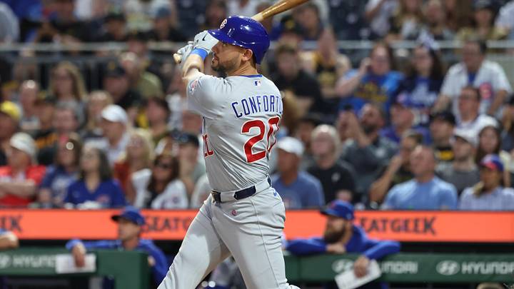 May 27, 2026; Pittsburgh, Pennsylvania, USA; Chicago Cubs pinch hitter Michael Conforto (20) hits a two-run home run against the Pittsburgh Pirates during the seventh inning at PNC Park. Mandatory Credit: Charles LeClaire-Imagn Images May 27, 2026; Pittsburgh, Pennsylvania, USA; Chicago Cubs pinch hitter Michael Conforto (20) hits a two-run home run against the Pittsburgh Pirates during the seventh inning at PNC Park. Mandatory Credit: Charles LeClaire-Imagn Images