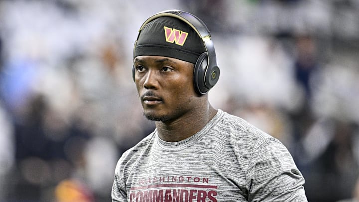 Washington Commanders wide receiver Terry McLaurin (17) warms up before the game between the Dallas Cowboys and the Washington Commanders at AT&T Stadium. Mandatory Credit: Jerome Miron-Imagn Images