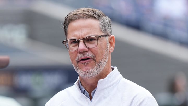 Oct 13, 2025; Toronto, Ontario, CAN; Toronto Blue Jays general manager Ross Atkins talks with the media during batting practice between the Toronto Blue Jays and Seattle Mariners before game two of the ALCS round for the 2025 MLB playoffs at Rogers Centre.