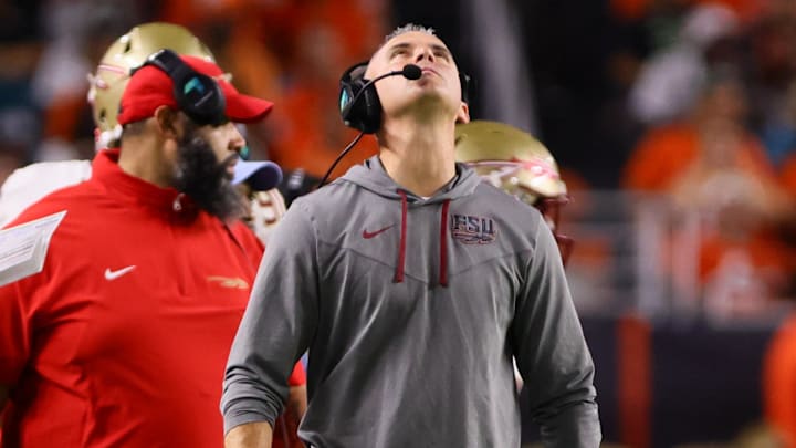 Oct 26, 2024; Miami Gardens, Florida, USA; Florida State Seminoles head coach Mike Norvell reacts from the sideline against the Miami Hurricanes during the fourth quarter at Hard Rock Stadium. Mandatory Credit: Sam Navarro-Imagn Images