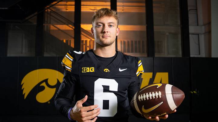 Iowa defensive back Zach Lutmer (6) stands for a portrait during Hawkeye football media day, Friday, Aug. 14, 2026, in Iowa City.