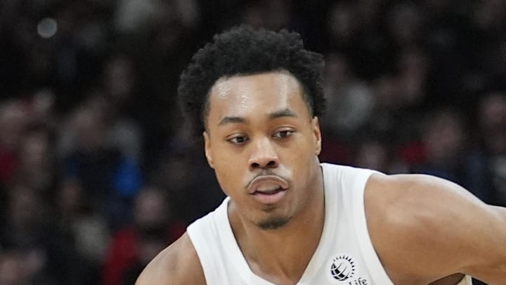 Toronto Raptors guard Scottie Barnes dribbles against the New York Knicks.