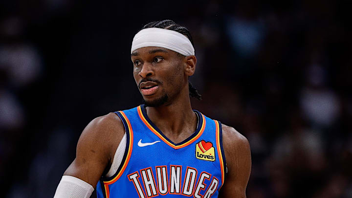 May 15, 2025; Denver, Colorado, USA; Oklahoma City Thunder guard Shai Gilgeous-Alexander (2) dribbles the ball up court in the second quarter against the Denver Nuggets during game six of the second round for the 2025 NBA Playoffs at Ball Arena. Mandatory Credit: Isaiah J. Downing-Imagn Images