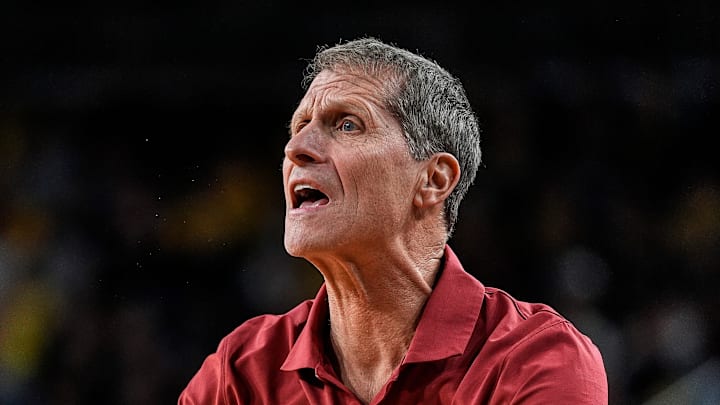 USC head coach Eric Musselman reacts to a play against Michigan during the first half at Crisler Center in Ann Arbor on Friday, Jan. 2, 2026.