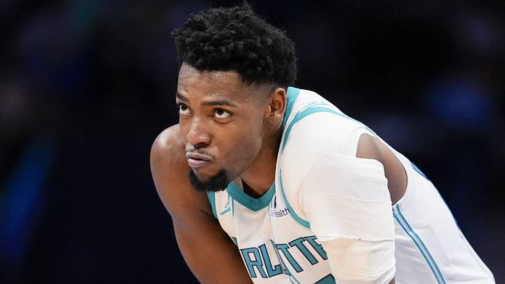 Charlotte Hornets forward Brandon Miller (24) reacts to a call late in the game against the New Orleans Pelicans during the second half at the Spectrum Center on February 2, 2026.