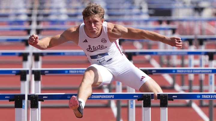 Peyton Bair of Mississippi State runs 14.27 in the decathlon 110m hurdles during the NCAA Track and Field Championships at Hayward Field.