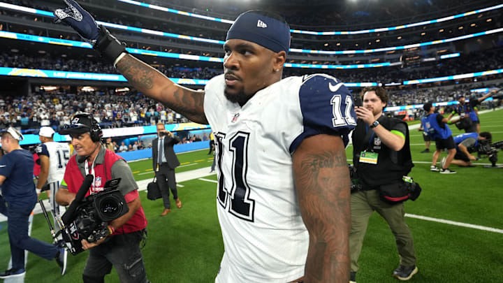 Dallas Cowboys linebacker Micah Parsons (11) leaves the field after the game against the Los Angeles Chargers at SoFi Stadium.