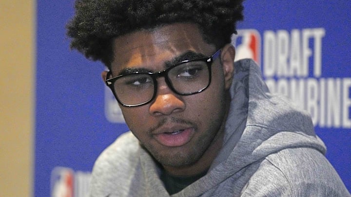May 14, 2025; Chicago, Il, USA; Jase Richardson talks to the media during the 2025 NBA Draft Combine at Marriott Marquis Chicago. Mandatory Credit: David Banks-Imagn Images