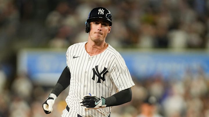 New York Yankees left fielder Cody Bellinger (35) rounds the bases after hitting a home run in a game against the Minnesota Twins at Yankee Stadium, Aug 13, 2025, Bronx, New York, USA. Yannick Peterhans/NorthJersey.com