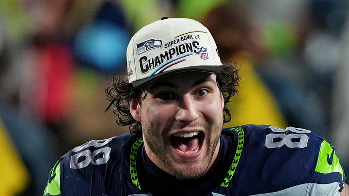 Seattle Seahawks tight end AJ Barner celebrates the win in Super Bowl LX