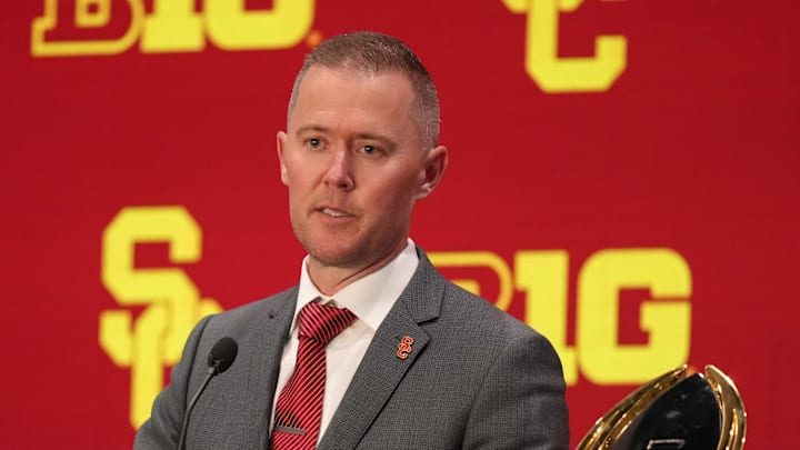 Jul 24, 2025; Las Vegas, NV, USA; USC head coach Lincoln Riley speaks to the media during the Big Ten NCAA college football media days at Mandalay Bay Resort. Mandatory Credit: Lucas Peltier-Imagn Images