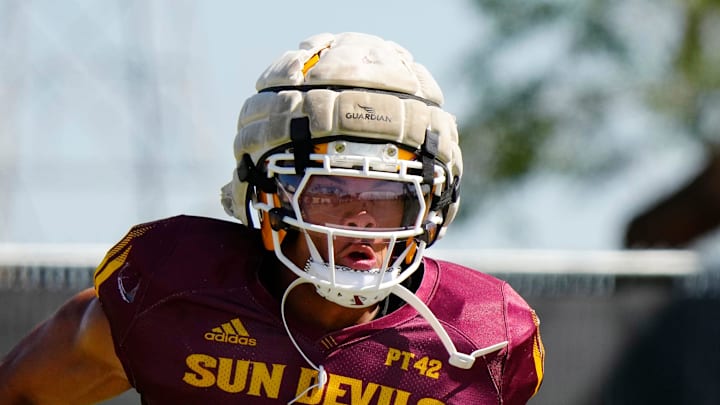 Arizona State wide receiver Reed Harris (3) runs a route during a spring practice at Kajikawa practice fields in Tempe, Ariz. on April 14, 2026.