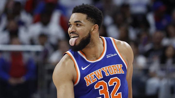 Apr 24, 2025; Detroit, Michigan, USA; New York Knicks center Karl-Anthony Towns (32) celebrates a three point basket in the first half against the Detroit Pistons during game three of first round for the 2024 NBA Playoffs at Little Caesars Arena. Mandatory Credit: Rick Osentoski-Imagn Images