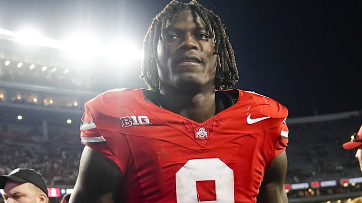 Ohio State Buckeyes linebacker Arvell Reese (8) leaves the field following the NCAA football game against the Ohio Bobcats at Ohio Stadium on Sept. 13, 2025. Ohio State won 37-9.