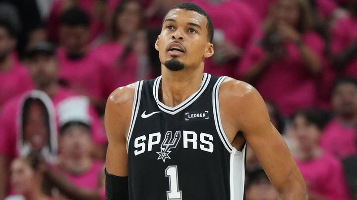 May 22, 2026; San Antonio, Texas, USA; San Antonio Spurs forward Victor Wembanyama (1) reacts against the Oklahoma City Thunder in the first half during game three of the western conference finals for the 2026 NBA playoffs at Frost Bank Center. Mandatory Credit: Scott Wachter-Imagn Images