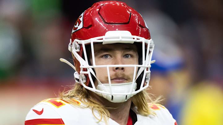 Kansas City Chiefs fullback Carson Steele (42) against the Philadelphia Eagles in Super Bowl LIX at Caesars Superdome. 