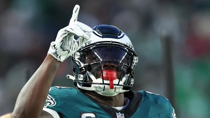Jan 11, 2026; Philadelphia, PA, USA; Philadelphia Eagles wide receiver A.J. Brown (11) celebrates first down against the San Francisco 49ers during the first quarter in an NFC Wild Card Round game at Lincoln Financial Field. Mandatory Credit: Bill Streicher-Imagn Images