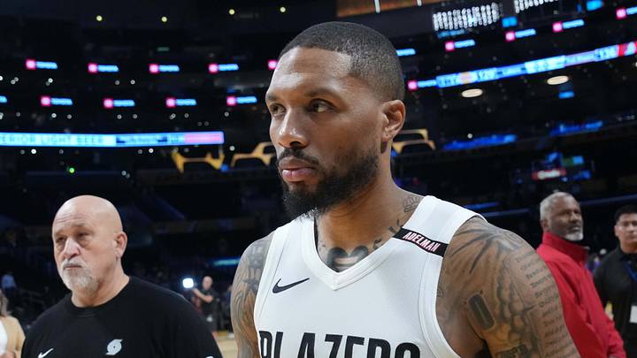 Oct 27, 2026; Los Angeles, California, USA; Portland Trail Blazers guard Damian Lillard (0) leaves the court after the game against the Los Angeles Lakers at Crypto.com Arena. Mandatory Credit: Kirby Lee-Imagn Images