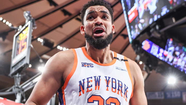 Apr 29, 2025; New York, New York, USA; New York Knicks center Karl-Anthony Towns (32) reacts after being called for a foul in the fourth quarter against the Detroit Pistons during game five of first round for the 2025 NBA Playoffs at Madison Square Garden. Mandatory Credit: Wendell Cruz-Imagn Images