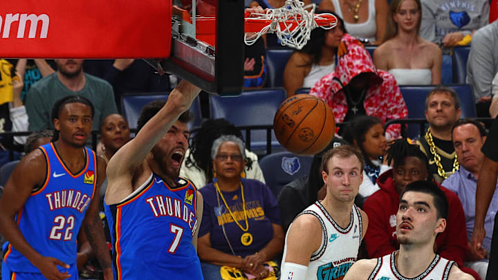 Apr 24, 2025; Memphis, Tennessee, USA; Oklahoma City Thunder forward Chet Holmgren (7) dunks during the second half against the Memphis Grizzlies during game three for the first round of the 2024 NBA Playoffs at FedExForum. Mandatory Credit: Petre Thomas-Imagn Images