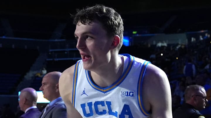 Nov 26, 2024; Los Angeles, California, USA; UCLA Bruins forward Tyler Bilodeau (34) is introduced before a game against the Southern Utah Thunderbirds  at Pauley Pavilion presented by Wescom. Mandatory Credit: Kirby Lee-Imagn Images