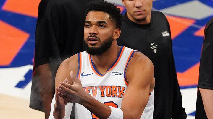 Oct 8, 2026; New York, New York, USA;  New York Knicks center Karl-Anthony Towns (32) before tip-off against the Washington Wizards at Madison Square Garden.  Mandatory Credit: Alexander Wohl-Imagn Images