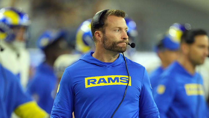 Oct 24, 2024; Inglewood, California, USA; Los Angeles Rams coach Sean McVay reacts against the Minnesota Vikings in the second half at SoFi Stadium. Mandatory Credit: Kirby Lee-Imagn Images Oct 24, 2024; Inglewood, California, USA; Los Angeles Rams coach Sean McVay reacts against the Minnesota Vikings in the second half at SoFi Stadium. Mandatory Credit: Kirby Lee-Imagn Images