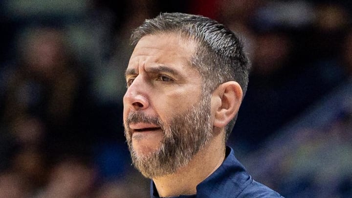 Dec 27, 2025; New Orleans, Louisiana, USA;  New Orleans Pelicans Interim Head Coach James Borrego looks on against the Phoenix Suns during the first half at Smoothie King Center. Mandatory Credit: Stephen Lew-Imagn Images