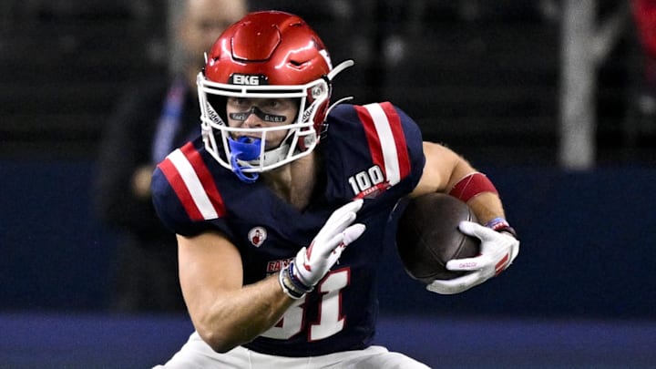 Jan 30, 2025; Arlington, TX, USA; East wide receiver Efton Chism of Eastern Washington (81) runs with the ball during the first half against the West at AT&T Stadium. Mandatory Credit: Jerome Miron-Imagn Images