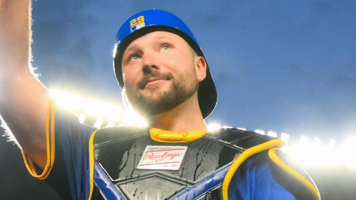 Seattle Mariners catcher Cal Raleigh celebrates after a win against the Tampa Bay Rays on Aug. 8  at T-Mobile Park.